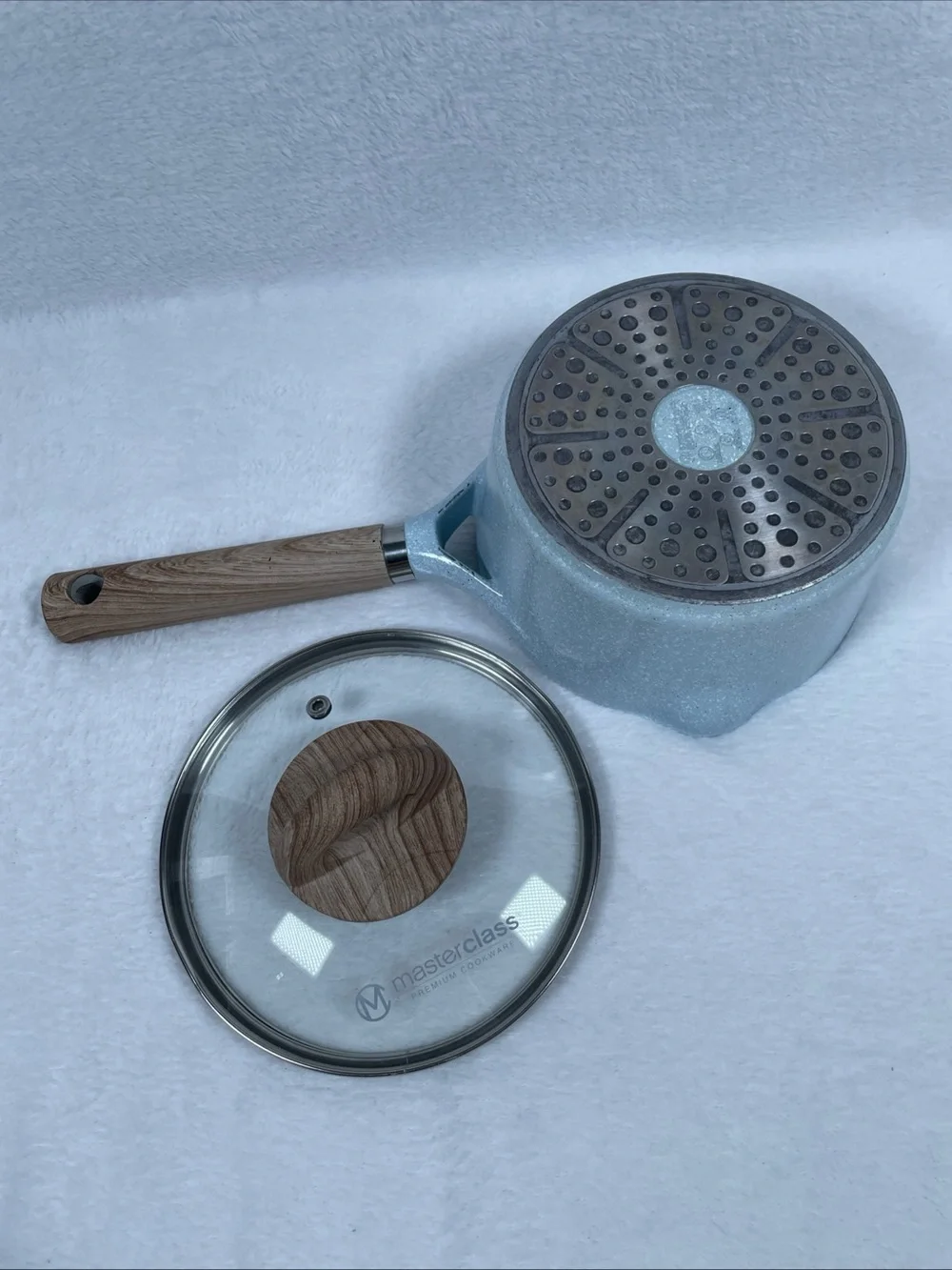 MasterClass Light Blue Speckled Ceramic 1.5 qt Nonstick Sauce Pan W/ Glass Lid